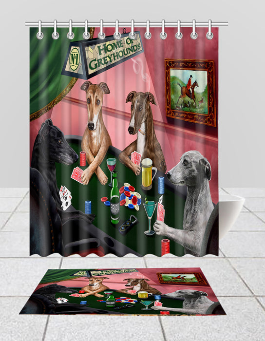 Home of  Greyhound Dogs Playing Poker Bath Mat and Shower Curtain Combo