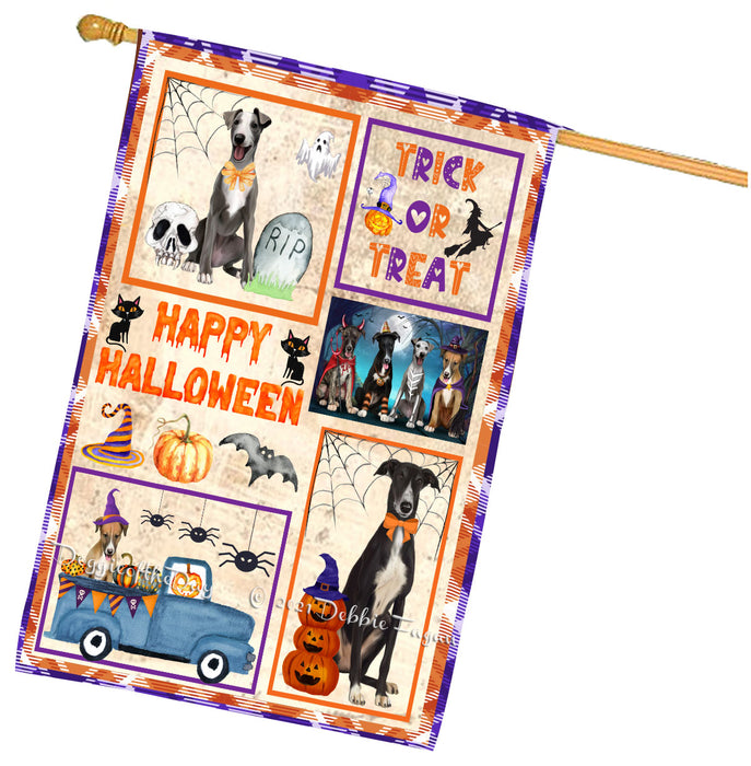 Happy Halloween Trick or Treat Greyhound Dogs House Flag Outdoor Decorative Double Sided Pet Portrait Weather Resistant Premium Quality Animal Printed Home Decorative Flags 100% Polyester