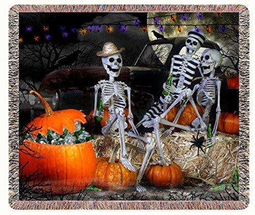 Halloween Skeleton Party w Pumpkins Woven Throw Blanket 54 X 38