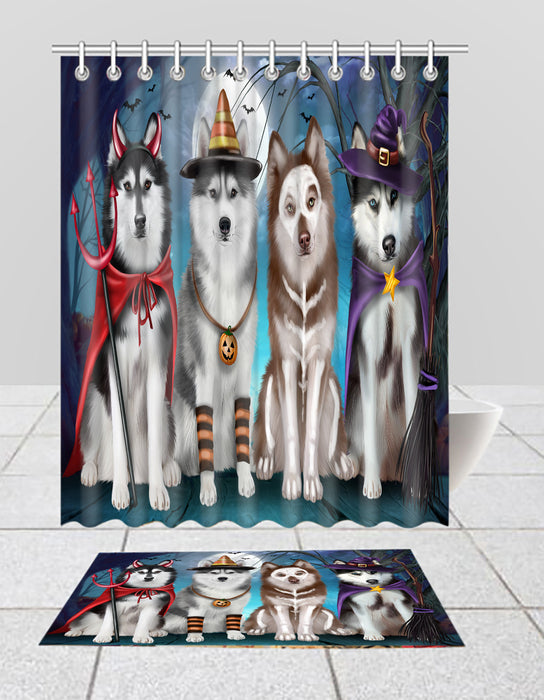 Halloween Trick or Teat Siberian Husky Dogs Bath Mat and Shower Curtain Combo