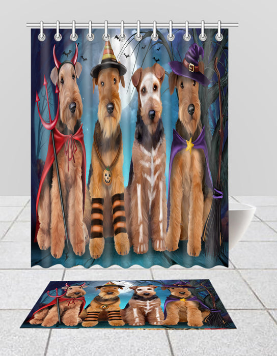 Halloween Trick or Teat Airedale Dogs Bath Mat and Shower Curtain Combo