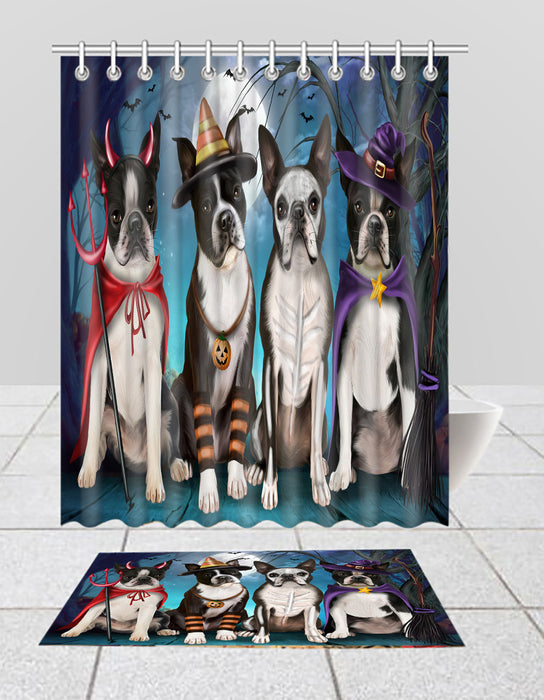 Halloween Trick or Teat Boston Terrier Dogs Bath Mat and Shower Curtain Combo