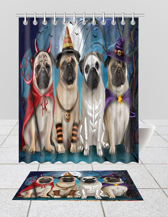 Halloween Trick or Teat Pug Dogs Bath Mat and Shower Curtain Combo