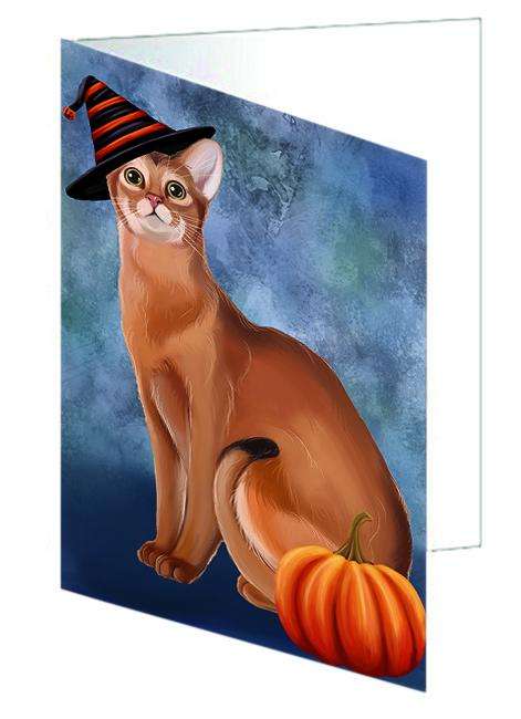 Happy Halloween Abyssinian Cat Wearing Witch Hat with Pumpkin Handmade Artwork Assorted Pets Greeting Cards and Note Cards with Envelopes for All Occasions and Holiday Seasons GCD68762
