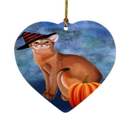 Happy Halloween Abyssinian Cat Wearing Witch Hat with Pumpkin Heart Christmas Ornament HPOR55039