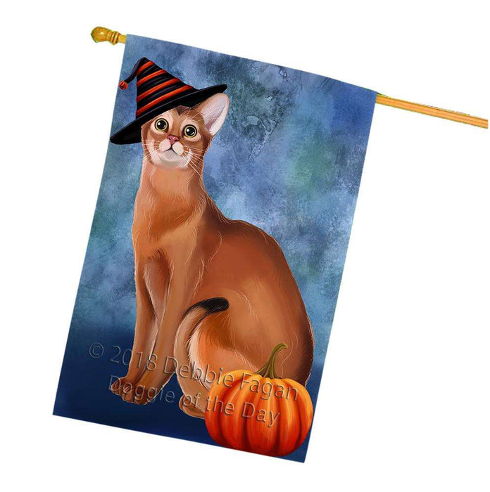 Happy Halloween Abyssinian Cat Wearing Witch Hat with Pumpkin House Flag FLG55178