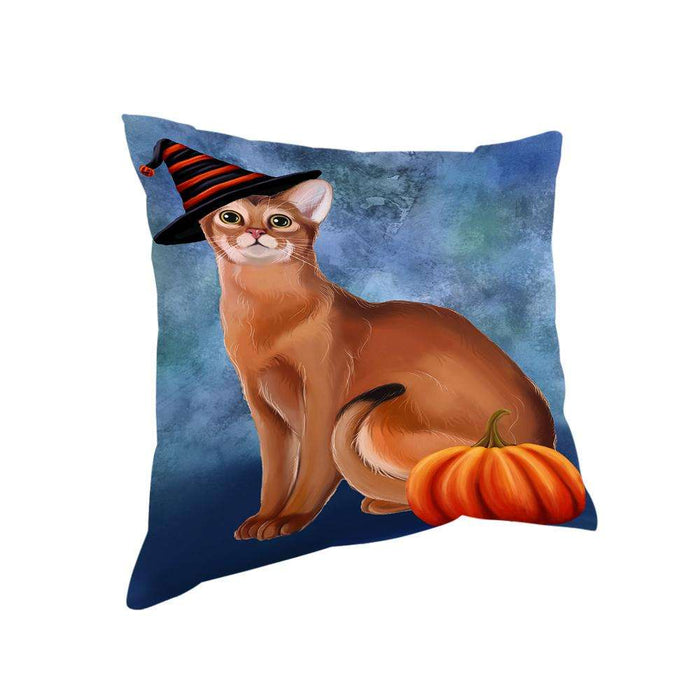 Happy Halloween Abyssinian Cat Wearing Witch Hat with Pumpkin Pillow PIL76268