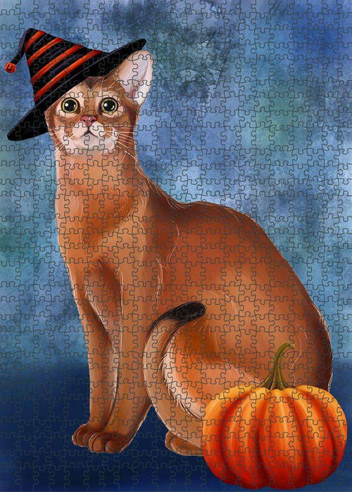 Happy Halloween Abyssinian Cat Wearing Witch Hat with Pumpkin Puzzle with Photo Tin PUZL87076