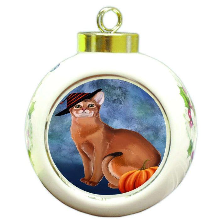 Happy Halloween Abyssinian Cat Wearing Witch Hat with Pumpkin Round Ball Christmas Ornament RBPOR55039