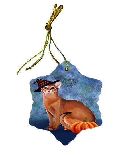 Happy Halloween Abyssinian Cat Wearing Witch Hat with Pumpkin Star Porcelain Ornament SPOR55030