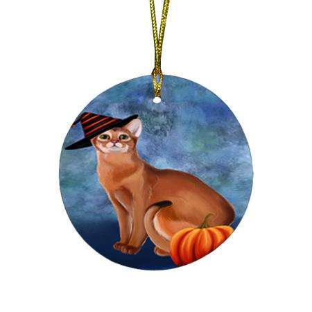 Happy Halloween Abyssinian Cat Wearing Witch Hat with Pumpkin