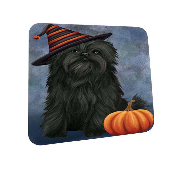 Happy Halloween Affenpinscher Dog Wearing Witch Hat with Pumpkin Coasters Set of 4