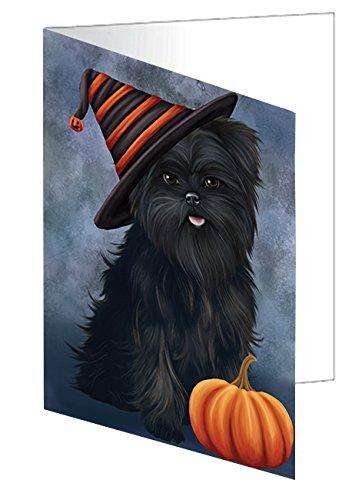 Happy Halloween Affenpinscher Dog Wearing Witch Hat with Pumpkin Handmade Artwork Assorted Pets Greeting Cards and Note Cards with Envelopes for All Occasions and Holiday Seasons