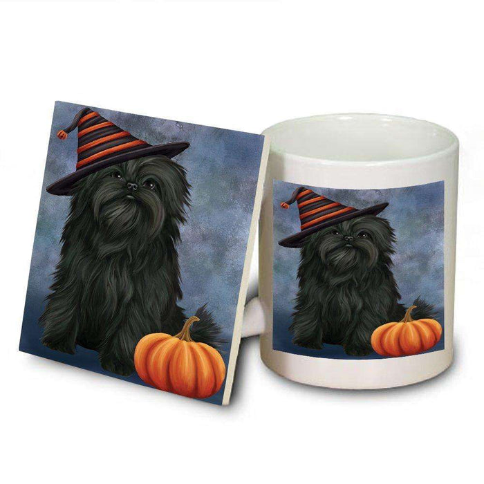 Happy Halloween Affenpinscher Dog Wearing Witch Hat with Pumpkin Mug and Coaster Set