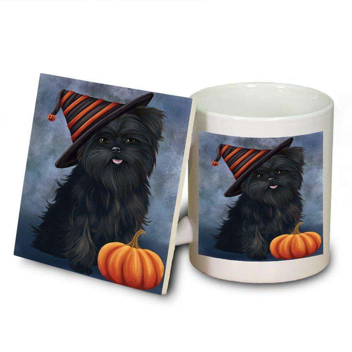 Happy Halloween Affenpinscher Dog Wearing Witch Hat with Pumpkin Mug and Coaster Set