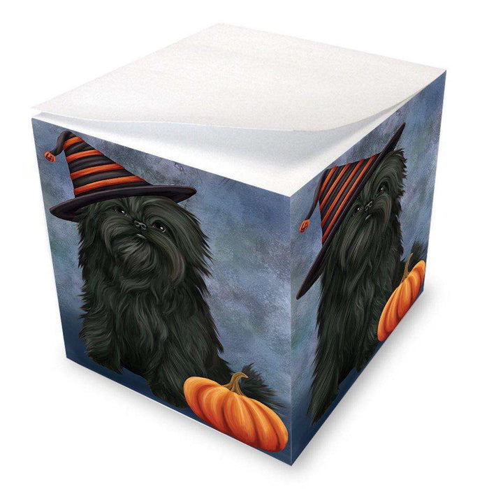 Happy Halloween Affenpinscher Dog Wearing Witch Hat with Pumpkin Note Cube