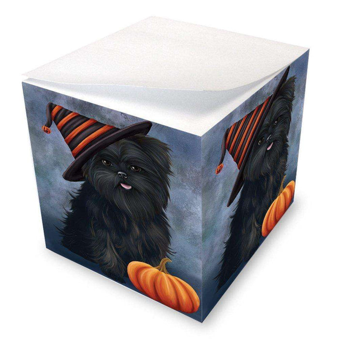 Happy Halloween Affenpinscher Dog Wearing Witch Hat with Pumpkin Note Cube