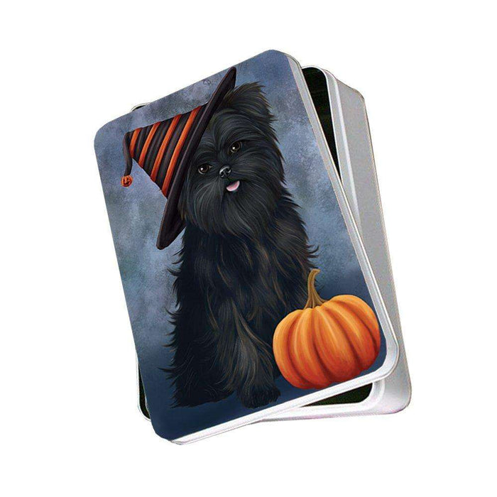 Happy Halloween Affenpinscher Dog Wearing Witch Hat with Pumpkin Photo Storage Tin