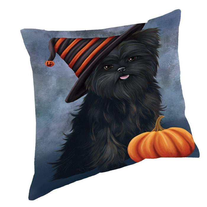 Happy Halloween Affenpinscher Dog Wearing Witch Hat with Pumpkin Throw Pillow