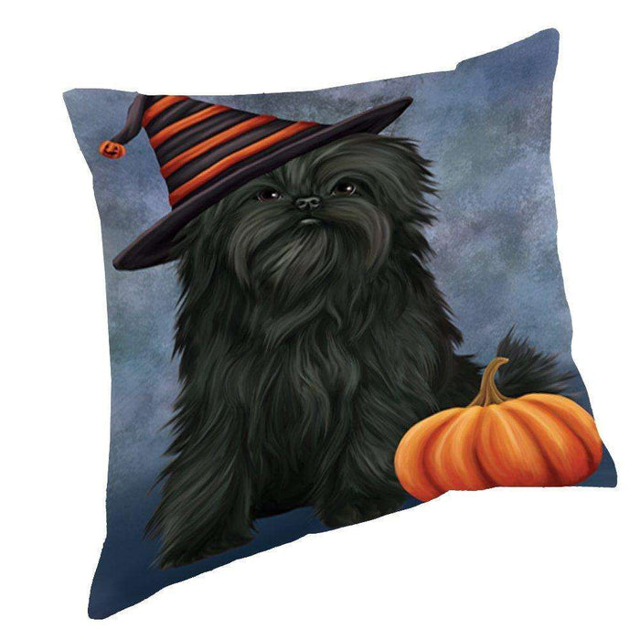 Happy Halloween Affenpinscher Dog Wearing Witch Hat with Pumpkin Throw Pillow