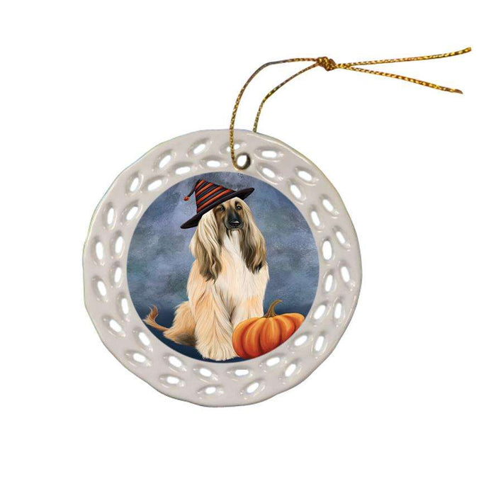 Happy Halloween Afghan Hound Dog Wearing Witch Hat with Pumpkin Ceramic Doily Ornament DPOR54834