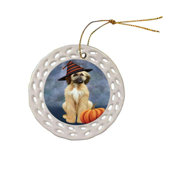 Happy Halloween Afghan Hound Dog Wearing Witch Hat with Pumpkin Ceramic Doily Ornament DPOR54835