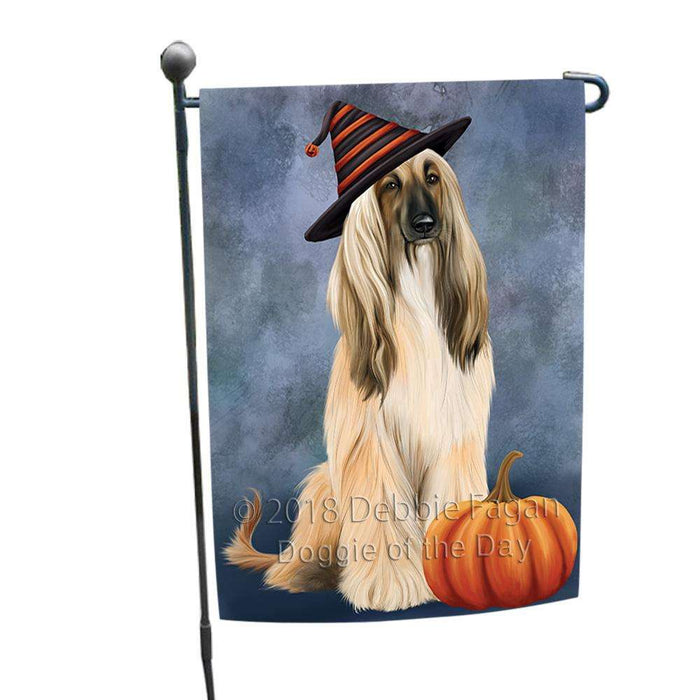 Happy Halloween Afghan Hound Dog Wearing Witch Hat with Pumpkin Garden Flag GFLG54896