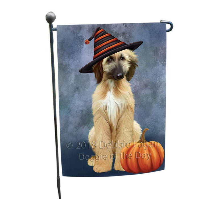 Happy Halloween Afghan Hound Dog Wearing Witch Hat with Pumpkin Garden Flag GFLG54897