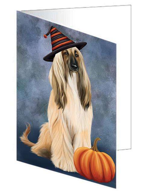 Happy Halloween Afghan Hound Dog Wearing Witch Hat with Pumpkin Handmade Artwork Assorted Pets Greeting Cards and Note Cards with Envelopes for All Occasions and Holiday Seasons GCD68531