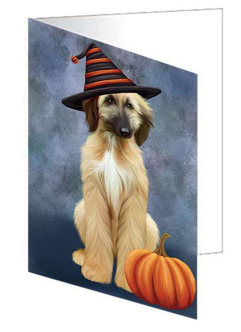Happy Halloween Afghan Hound Dog Wearing Witch Hat with Pumpkin Handmade Artwork Assorted Pets Greeting Cards and Note Cards with Envelopes for All Occasions and Holiday Seasons GCD68534