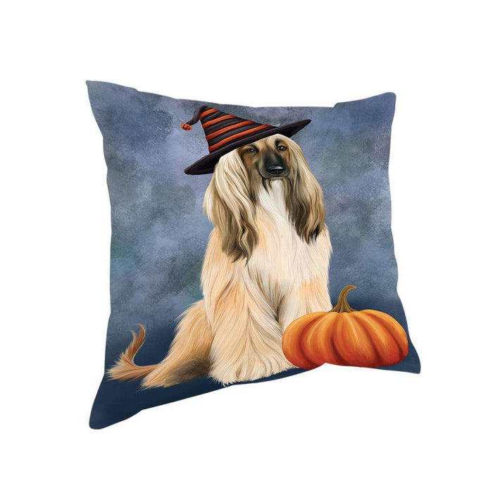 Happy Halloween Afghan Hound Dog Wearing Witch Hat with Pumpkin Pillow PIL75960