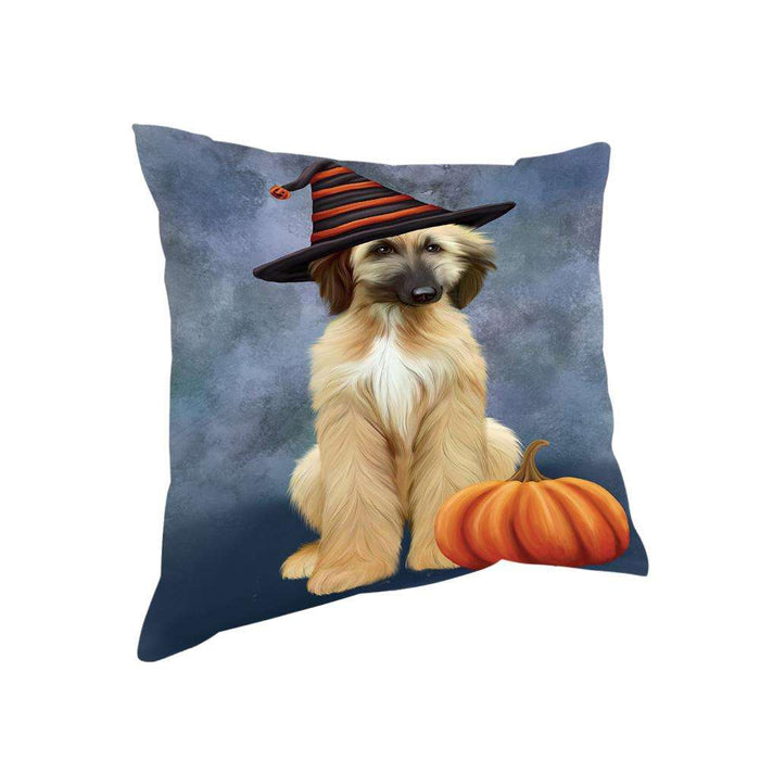 Happy Halloween Afghan Hound Dog Wearing Witch Hat with Pumpkin Pillow PIL75964