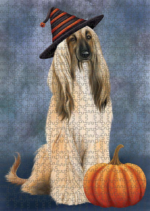 Happy Halloween Afghan Hound Dog Wearing Witch Hat with Pumpkin Puzzle with Photo Tin PUZL86492