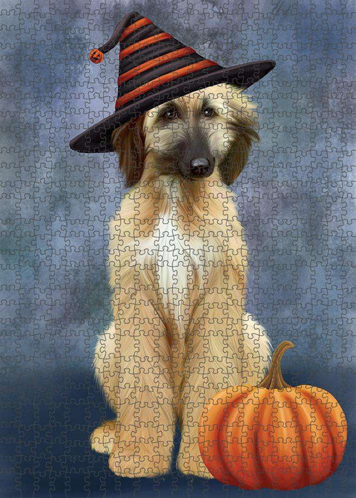 Happy Halloween Afghan Hound Dog Wearing Witch Hat with Pumpkin Puzzle with Photo Tin PUZL86496