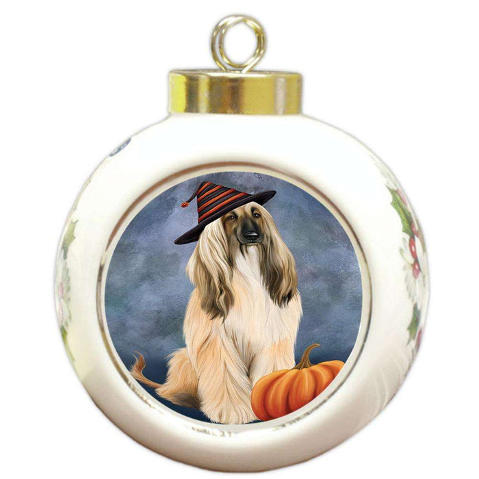 Happy Halloween Afghan Hound Dog Wearing Witch Hat with Pumpkin Round Ball Christmas Ornament RBPOR54834