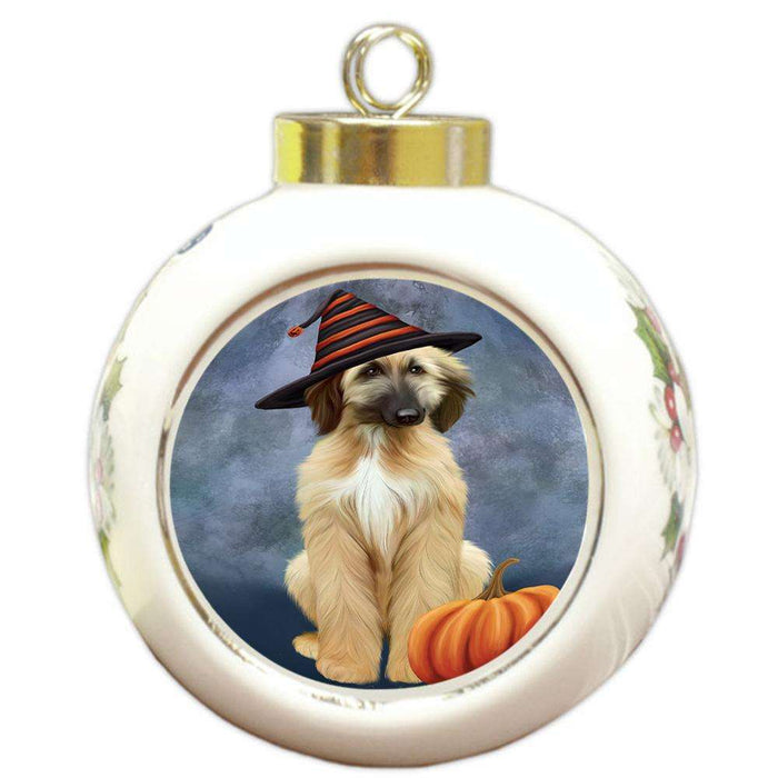Happy Halloween Afghan Hound Dog Wearing Witch Hat with Pumpkin Round Ball Christmas Ornament RBPOR54835