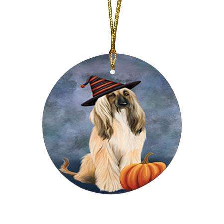 Happy Halloween Afghan Hound Dog Wearing Witch Hat with Pumpkin Round Flat Christmas Ornament RFPOR54825