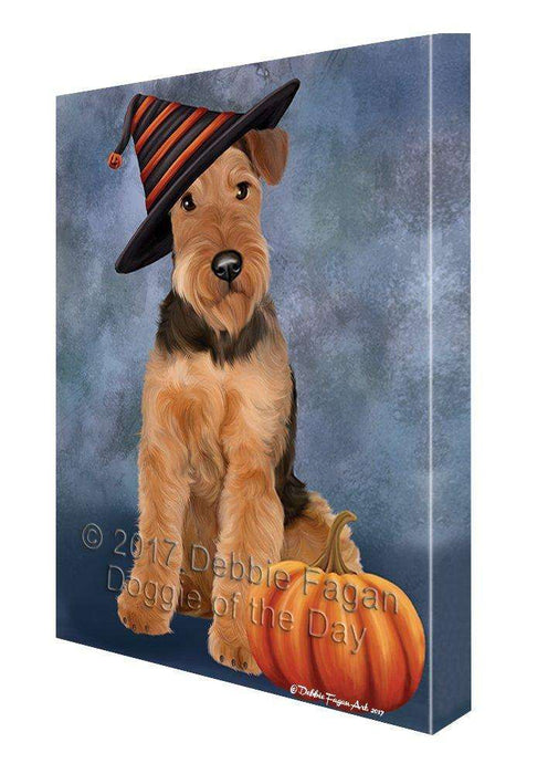 Happy Halloween Airedale Dog Donning Witch Hat with Pumpkin Wall Art Canvas