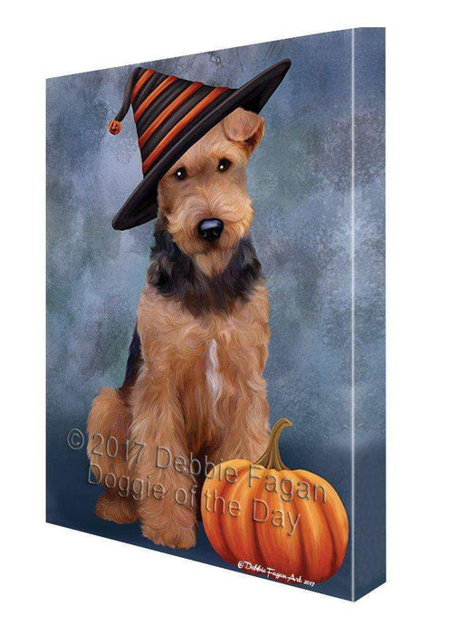 Happy Halloween Airedale Dog Sporting Witch Hat with Pumpkin Wall Art Canvas