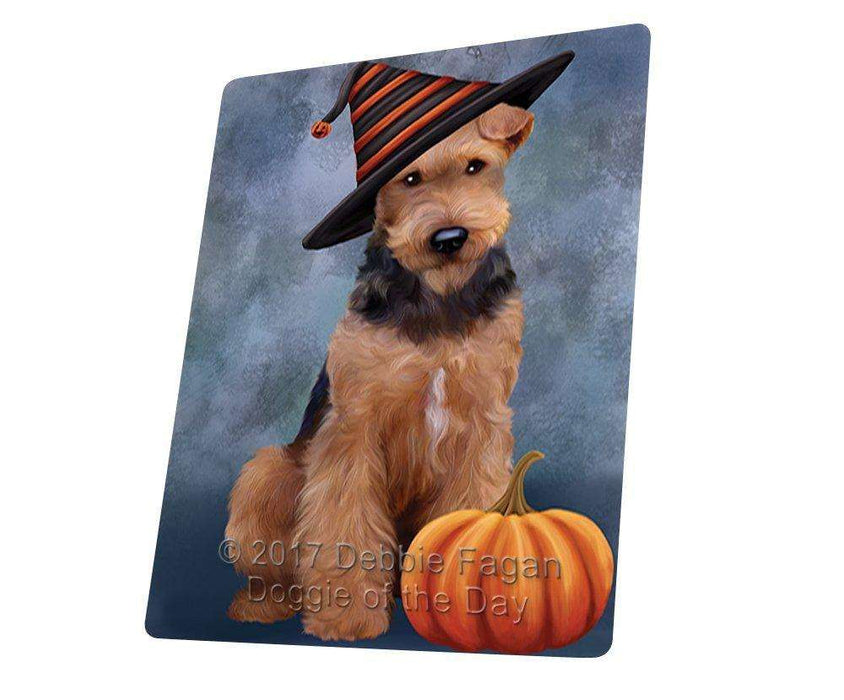 Happy Halloween Airedale Dog Wearing Witch Hat with Pumpkin Art Portrait Print Woven Throw Sherpa Plush Fleece Blanket D003