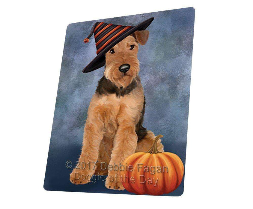 Happy Halloween Airedale Dog Wearing Witch Hat with Pumpkin Art Portrait Print Woven Throw Sherpa Plush Fleece Blanket D004