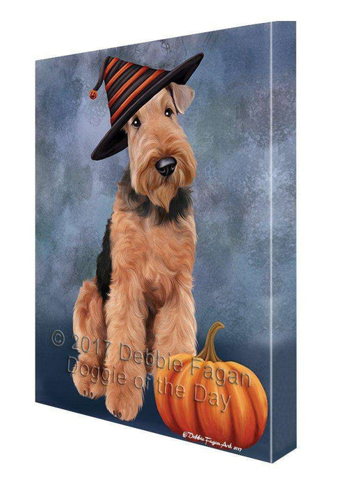 Happy Halloween Airedale Dog Wearing Witch Hat with Pumpkin Canvas Wall Art