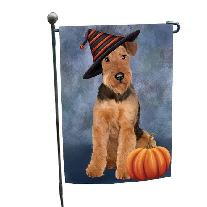 Happy Halloween Airedale Dog Wearing Witch Hat with Pumpkin Garden Flag
