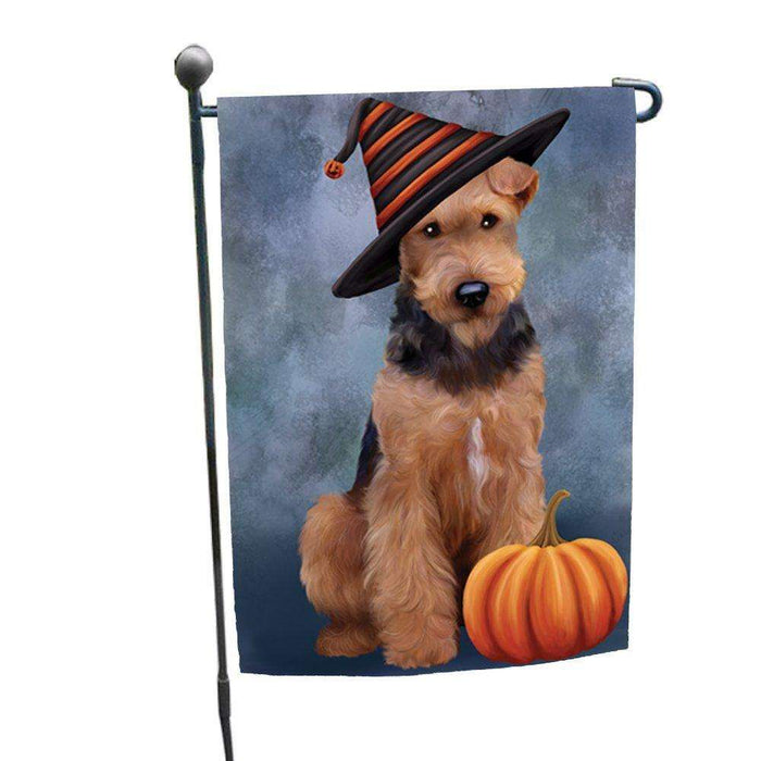 Happy Halloween Airedale Dog Wearing Witch Hat with Pumpkin Garden Flag