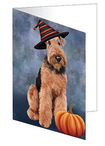 Happy Halloween Airedale Dog Wearing Witch Hat with Pumpkin Handmade Artwork Assorted Pets Greeting Cards and Note Cards with Envelopes for All Occasions and Holiday Seasons D456