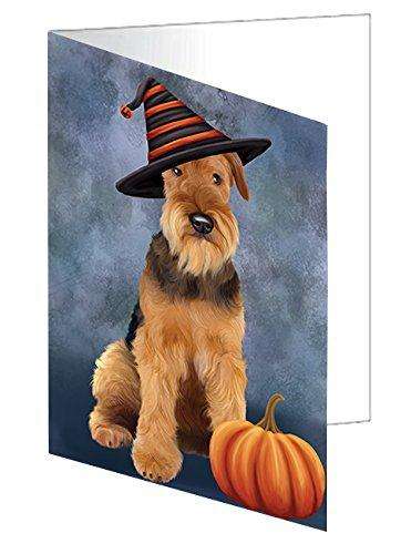 Happy Halloween Airedale Dog Wearing Witch Hat with Pumpkin Handmade Artwork Assorted Pets Greeting Cards and Note Cards with Envelopes for All Occasions and Holiday Seasons D457