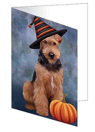 Happy Halloween Airedale Dog Wearing Witch Hat with Pumpkin Handmade Artwork Assorted Pets Greeting Cards and Note Cards with Envelopes for All Occasions and Holiday Seasons D458