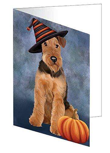 Happy Halloween Airedale Dog Wearing Witch Hat with Pumpkin Handmade Artwork Assorted Pets Greeting Cards and Note Cards with Envelopes for All Occasions and Holiday Seasons D459