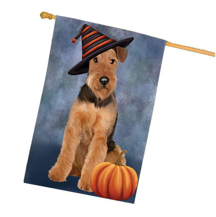 Happy Halloween Airedale Dog Wearing Witch Hat with Pumpkin House Flag
