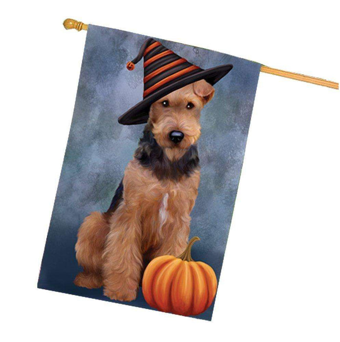 Happy Halloween Airedale Dog Wearing Witch Hat with Pumpkin House Flag